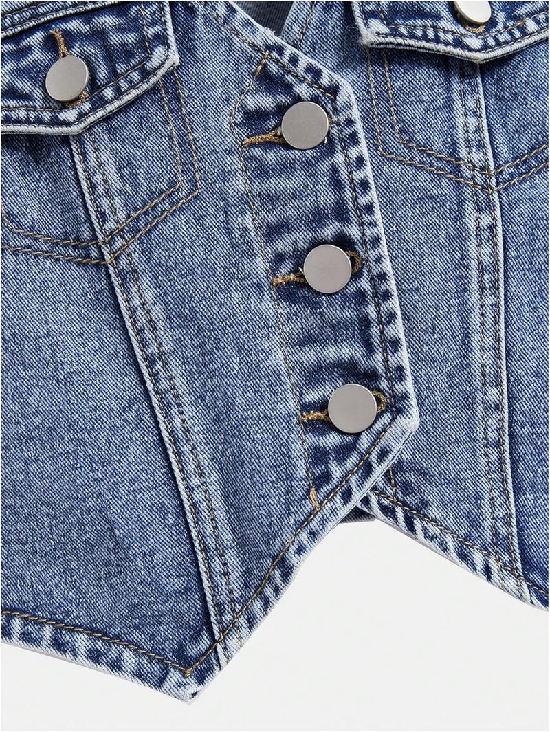Floerns Girl's Button Down Denim Vest V Neck Sleeveless Asymmetrical Jean Jacket - Image 4